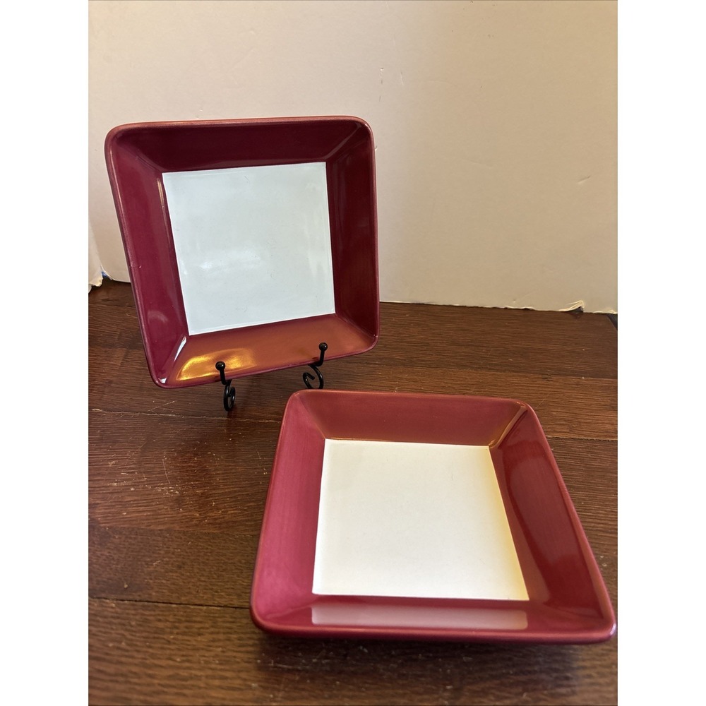 Pampered Chef SIMPLE ADDITIONS Cranberry & White Square Salad Plates Set of 2